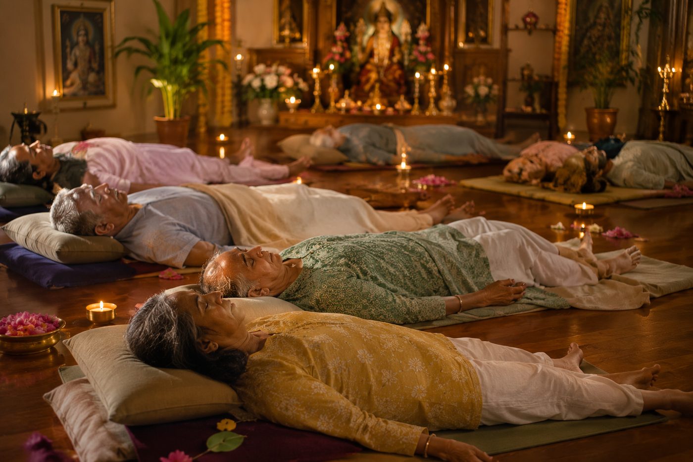 Elders lying in shavasana on mats with bolsters and blankets, oil lamps and flower petals around them in a candlelit shrine room.