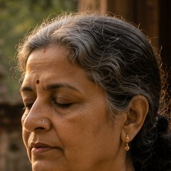 A serene portrait of an elder woman named Urmila with a gentle smile, silver hair, and elegant traditional attire. She is sitting in a softly lit, warm cream-toned sunroom with lush green plants in the background. The lighting is natural and high-key, creating a sophisticated and peaceful atmosphere consistent with a modern wellness brand. The overall aesthetic is clean, high-contrast, and deeply welcoming.