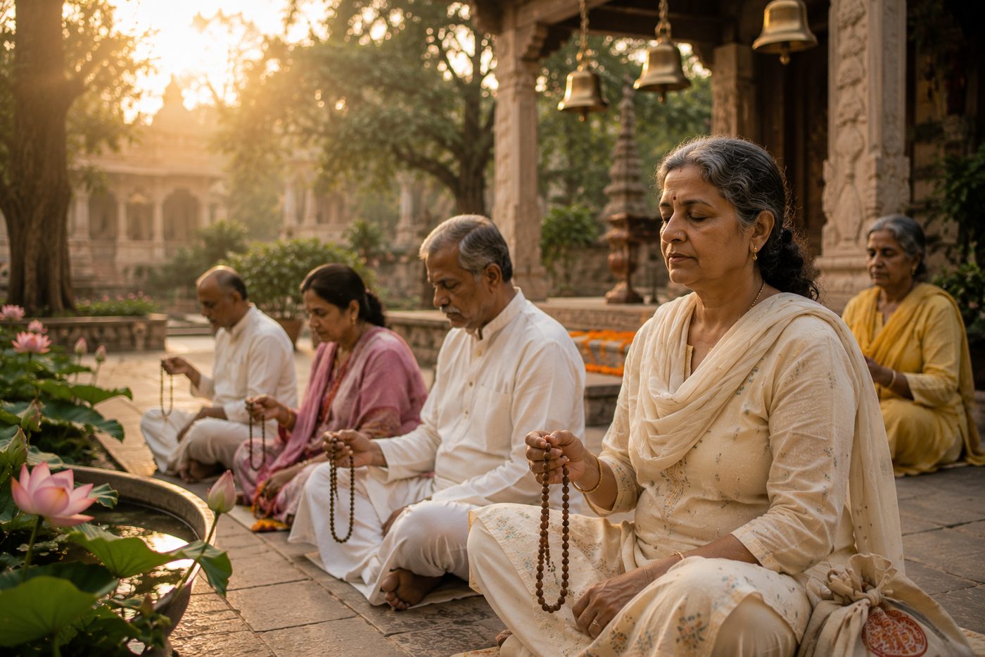 Elders seated on a temple courtyard at golden hour, eyes closed, turning rudraksha japa malas in their hands.