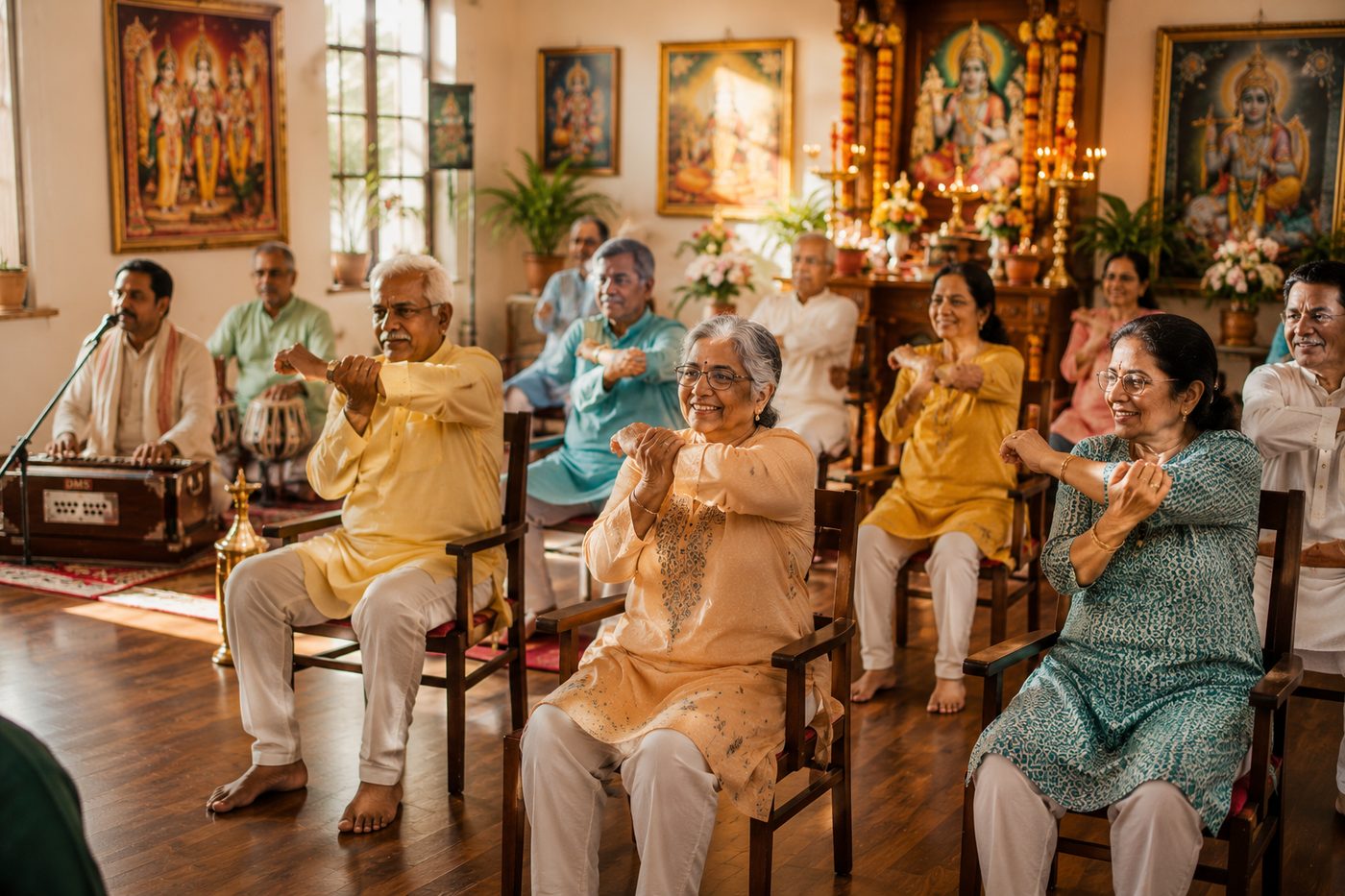 Elders seated on wooden chairs doing gentle seated arm and shoulder stretches together while a musician accompanies them on harmonium.