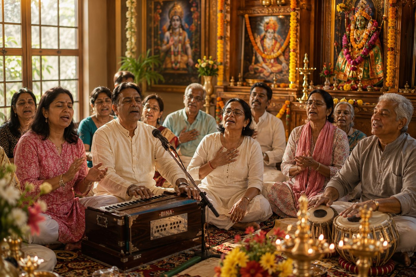 Elders and family seated on the floor of a home shrine room, hands raised and clapping as they sing bhajans to harmonium and tabla.