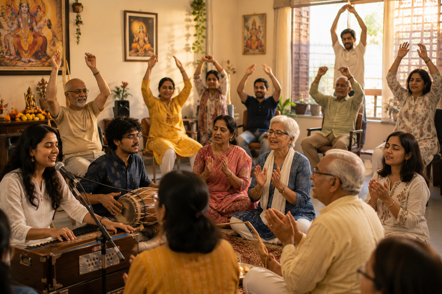 A warm and inviting morning scene of a diverse group of elders gathered in a sunlit Indian temple courtyard. They are sitting in a circle on the ground, sharing a bhajan session with traditional musicians playing harmonium and drums. Colorful traditional Indian attire in yellows, reds, and greens. A large tree overhead, golden morning light, capturing deep community, peace, and spiritual joy in authentic editorial photography style.