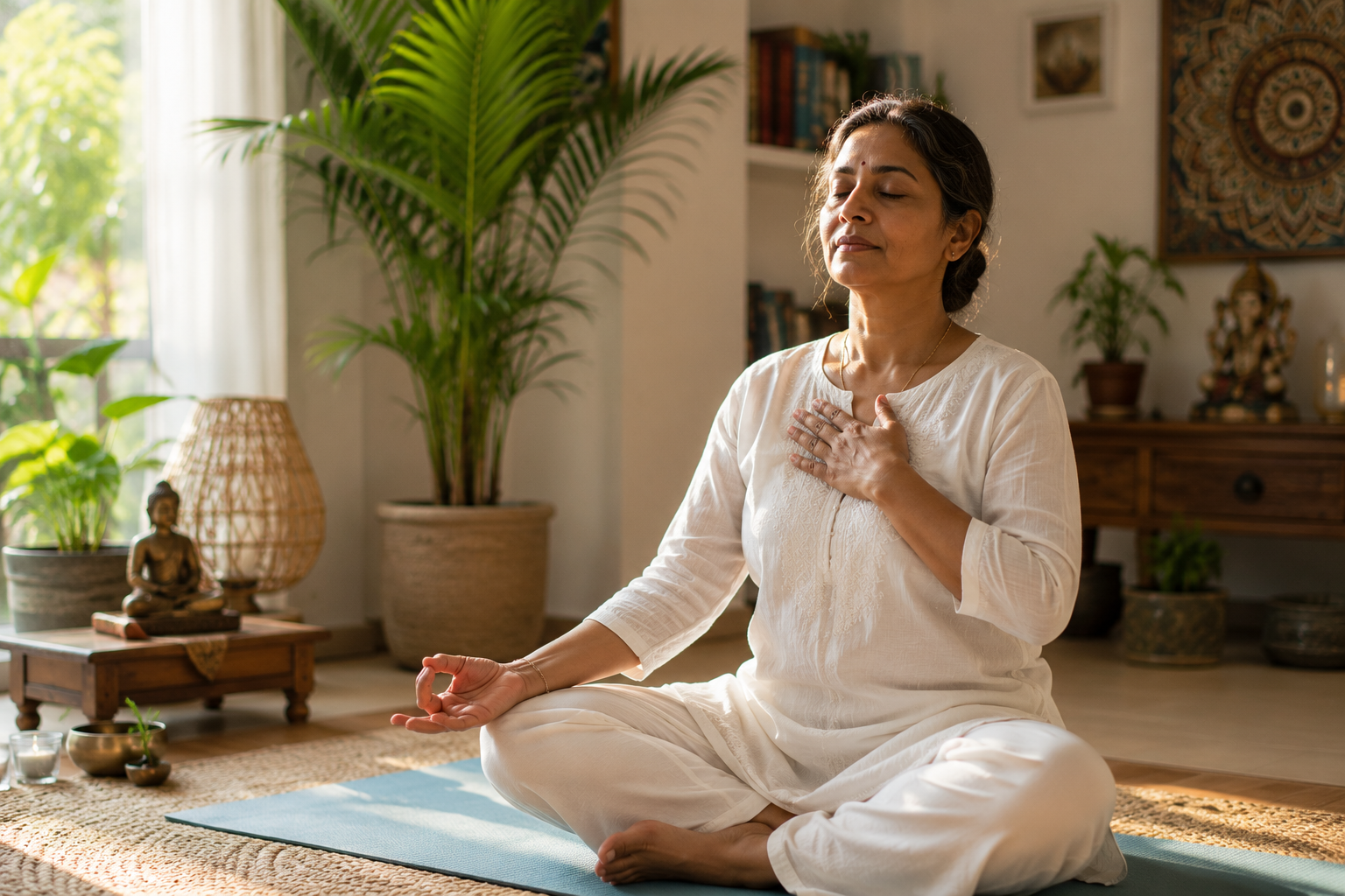 A serene photograph of a mature woman practicing mindful breathing in a sunlit, peaceful home environment, representing hormonal balance and vitality.