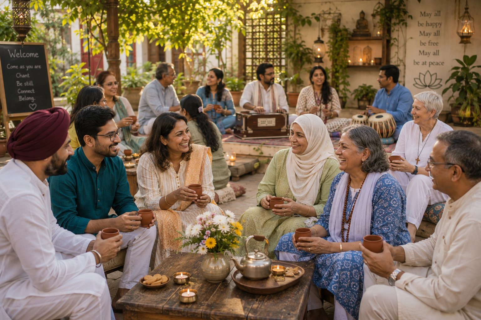 A welcoming courtyard tea circle: people of many ages, faiths and backgrounds sitting together with clay cups of chai, laughing, while a harmonium and tabla play behind them. A chalkboard reads: Come as you are. Chant. Be still. Connect. Belong.